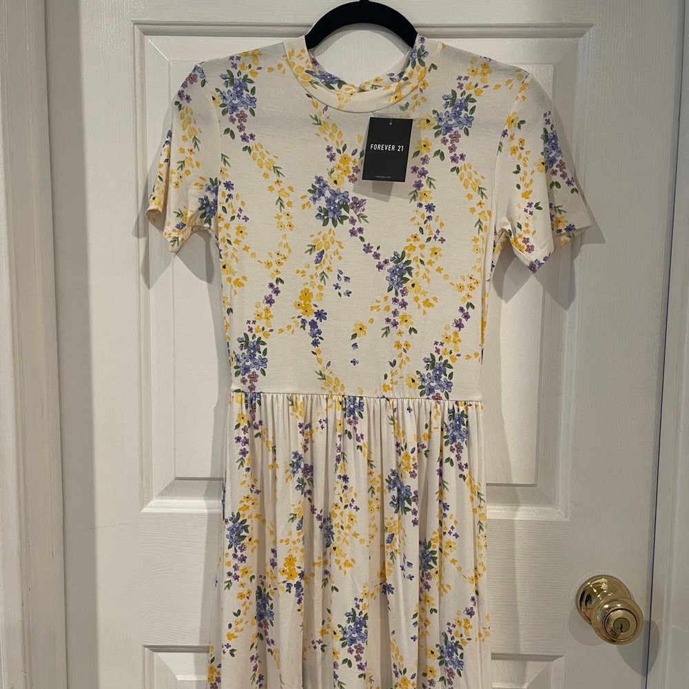 Forever 21 Floral Print Dress - Cream with Purple and Yellow Accents